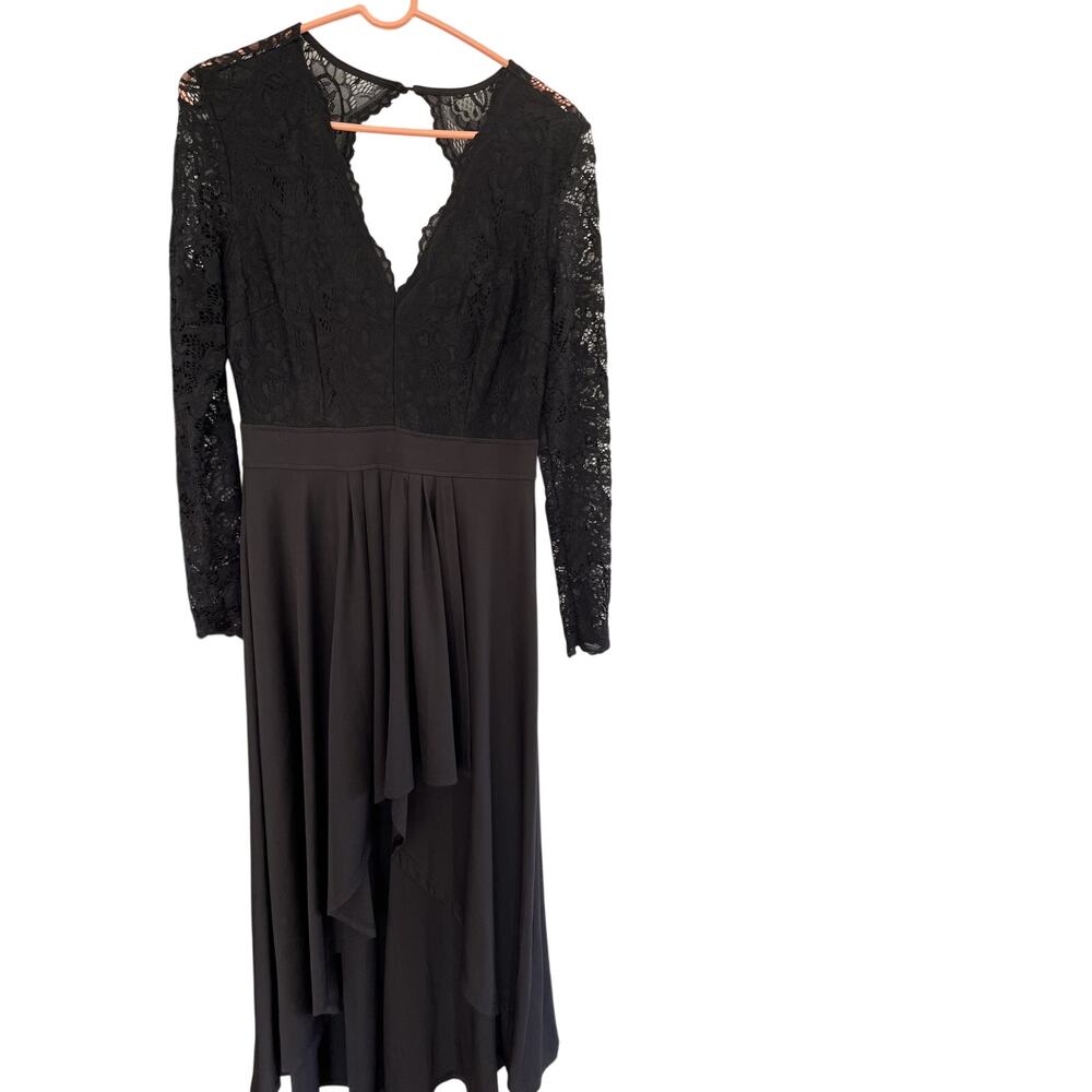 Lace Dress M Black High Lo Long Sleeve V Neck Witchy Goth Festival Formal